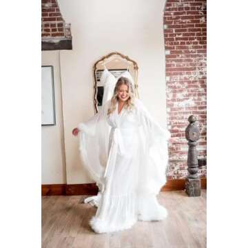 Feather Bridal Robe Fur Robes Long Sheer Maternity Photoshoot Dress Chiffon Lingerie Christmas Gowns Bathrobe Sleepwear Nightgown Photography Blush Small-Medium