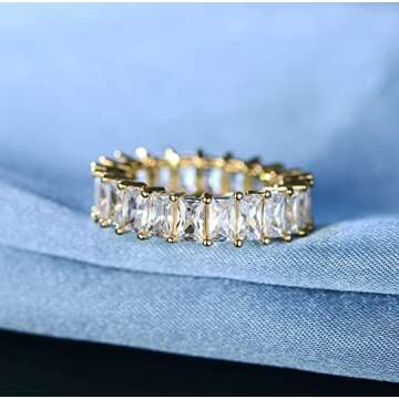 XBRN 14K Gold Plated Ring Cubic Zirconia Emerald Cut Eternity Rings Band for Women Men (5)