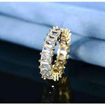 XBRN 14K Gold Plated Ring Cubic Zirconia Emerald Cut Eternity Rings Band for Women Men (5)