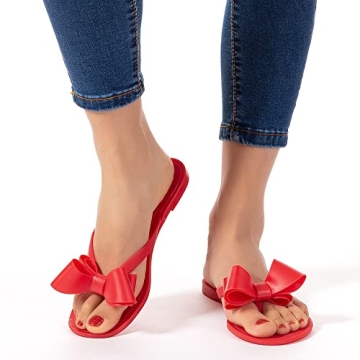 Mtzyoa Women Flip Flops Bow Flat Sandals Summer Red Size 7.5 Beach Jelly Cute Ladies Waterproof Rain Casual Sandals
