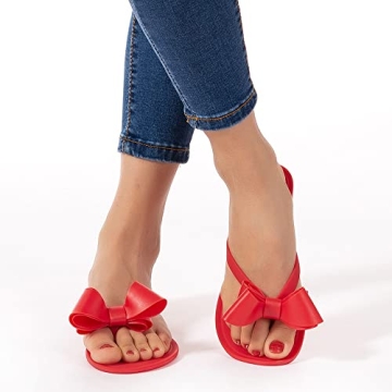 Mtzyoa Women Flip Flops Bow Flat Sandals Summer Red Size 7.5 Beach Jelly Cute Ladies Waterproof Rain Casual Sandals