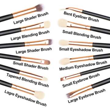 Qivange Synthetic Hairs Eyeshadow Brush Set 12PCS Black Rose Gold Makeup Brush Set for Concealer Eyebrow Eyeliner Eye Shadow Blending