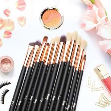 Qivange Synthetic Hairs Eyeshadow Brush Set 12PCS Black Rose Gold Makeup Brush Set for Concealer Eyebrow Eyeliner Eye Shadow Blending