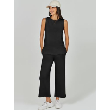 ANRABESS Women's 2 Piece Sets Summer Outfits Sleeveless Wide Leg Tracksuits Casual Sweat Sets Lounge Sweatsuits Black Large
