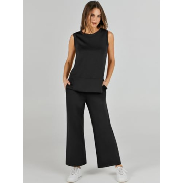 ANRABESS Women's 2 Piece Sets Summer Outfits Sleeveless Wide Leg Tracksuits Casual Sweat Sets Lounge Sweatsuits Black Large