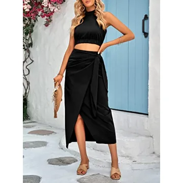 CFLONGE Women's 2 Piece Casual Sleeveless Halter Crop Top Set