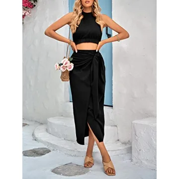 CFLONGE Women's 2 Piece Casual Sleeveless Halter Crop Top Set