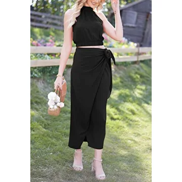 CFLONGE Women's 2 Piece Casual Sleeveless Halter Crop Top Set