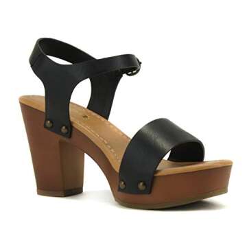Soda CHIVAS ~ Women's Bold Buckles Studded Wedge Sandal (BLACK PU, us_footwear_size_system, adult, women, numeric, medium, numeric_7_point_5)