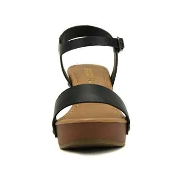 Soda CHIVAS ~ Women's Bold Buckles Studded Wedge Sandal (BLACK PU, us_footwear_size_system, adult, women, numeric, medium, numeric_7_point_5)