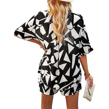 Vrtige Women's Geometric Print 2 Piece Outfits Button Down Short Sleeve Top and Shorts Set Black Small