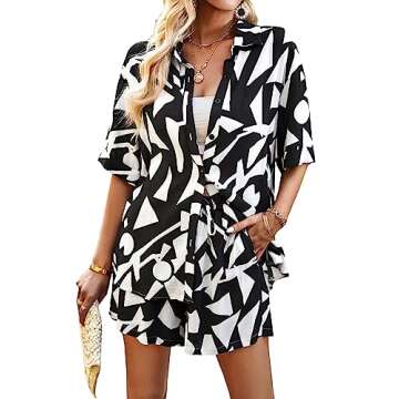 Vrtige Women's Geometric Print 2 Piece Outfits Button Down Short Sleeve Top and Shorts Set Black Small