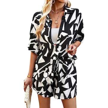 Vrtige Women's Geometric Print 2 Piece Outfits Button Down Short Sleeve Top and Shorts Set Black Small