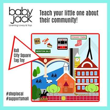 Baby Jack & Co 8x8” Learning Lovey Boston Massachusetts Tag Toys for Babies - Baby Crinkle Toys - Soft & Safe - Learn USA Cities and Shapes - Ideal Baby Toy & Gift BPA Free w/Stroller Clip