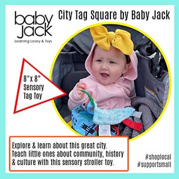 Baby Jack & Co 8x8” Learning Lovey Boston Massachusetts Tag Toys for Babies - Baby Crinkle Toys - Soft & Safe - Learn USA Cities and Shapes - Ideal Baby Toy & Gift BPA Free w/Stroller Clip