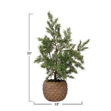 Creative Co-Op Faux Hinoki Cypress Tree in Pinecone Shaped Cement Pot, Distressed Finish