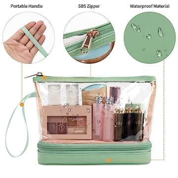Ethereal Clear Makeup Bag, Green Makeup Bag for Purse Travel Makeup Bag for Women TSA Approved Cosmetic Bag Waterproof Small Toiletry Bag