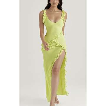 Juakoso Women Sexy Ruffles Strapless Dress Floral Tassels Split Sheer Long Dress Mesh Ruched Bodycon Tube Mini Dresses, A12-yellow