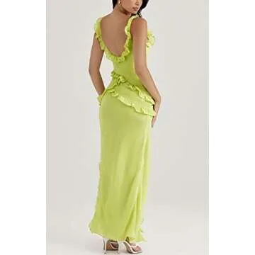 Juakoso Women Sexy Ruffles Strapless Dress Floral Tassels Split Sheer Long Dress Mesh Ruched Bodycon Tube Mini Dresses, A12-yellow