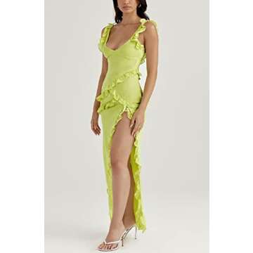 Juakoso Women Sexy Ruffles Strapless Dress Floral Tassels Split Sheer Long Dress Mesh Ruched Bodycon Tube Mini Dresses, A12-yellow