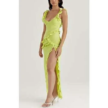 Juakoso Women Sexy Ruffles Strapless Dress Floral Tassels Split Sheer Long Dress Mesh Ruched Bodycon Tube Mini Dresses, A12-yellow