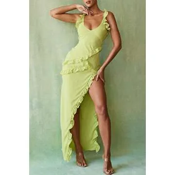 Juakoso Women Sexy Ruffles Strapless Dress Floral Tassels Split Sheer Long Dress Mesh Ruched Bodycon Tube Mini Dresses, A12-yellow