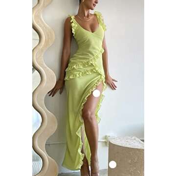 Juakoso Women Sexy Ruffles Strapless Dress Floral Tassels Split Sheer Long Dress Mesh Ruched Bodycon Tube Mini Dresses, A12-yellow