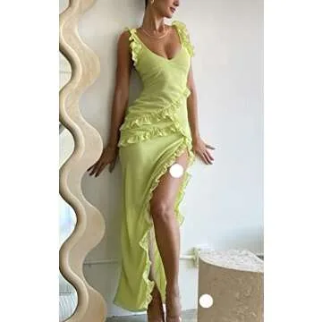 Juakoso Women Sexy Ruffles Strapless Dress Floral Tassels Split Sheer Long Dress Mesh Ruched Bodycon Tube Mini Dresses, A12-yellow