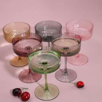 AOROTOE Champagne Coupe Glasses Set Of 6 Martini Glasses Ribbed Colored Glassware Vintage Cocktail G...