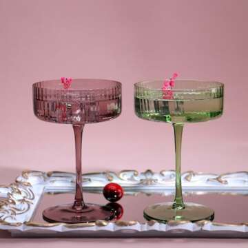 AOROTOE Champagne Coupe Glasses Set Of 6 Martini Glasses Ribbed Colored Glassware Vintage Cocktail Glasses Gifts Box Gifts For Women Mom Wife Sisters And Grandmother 10 Oz Pink Yellow Weddings