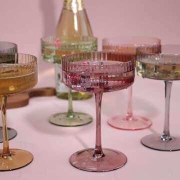 AOROTOE Champagne Coupe Glasses Set Of 6 Martini Glasses Ribbed Colored Glassware Vintage Cocktail Glasses Gifts Box Gifts For Women Mom Wife Sisters And Grandmother 10 Oz Pink Yellow Weddings