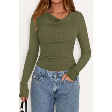 PRETTYGARDEN Women's Long Sleeve Cowl Neck Ribbed Knit Spring Shirts Slim Fit Ruched Going Out Crop ...
