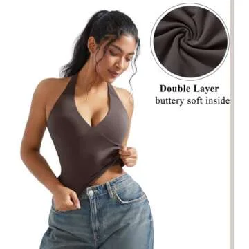 OMKAGI Womens Tank Tops Sexy Halter V Neck Going Out Tops Sleeveless Y2K Crop Top(S,293-Chocolate)