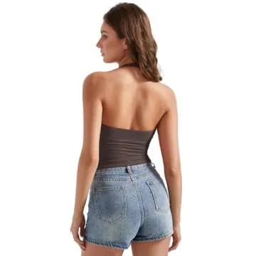 OMKAGI Womens Tank Tops Sexy Halter V Neck Going Out Tops Sleeveless Y2K Crop Top(S,293-Chocolate)