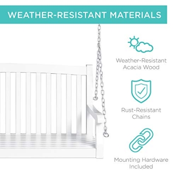 Best Choice Products 48in Wood Porch Swing Outdoor Patio Hanging Bench Chair Furniture for Deck, Garden, Yard w/Mounting Chains, Curved Back Design, 500lb Weight Capacity - White
