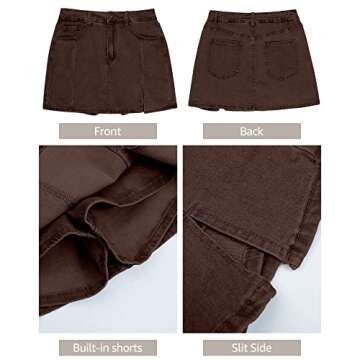 luvamia Skorts Skirts for Women Denim Mini Skirt Side Slit with High Wasited Jean Shorts Stretchy Sexy Mini Skirt Leather Skirt Rustic Brown Size X-Large Size 16 Size 18