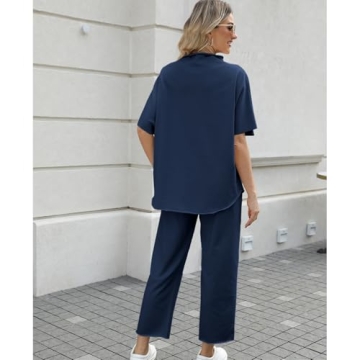 Ainangua Women Casual Two Piece Outfits 3/4 Batwing Sleeve Capelet CrewNeck Pullover Top Wide Leg Pants Lounge Sets Sweatsuit(Navy,L)