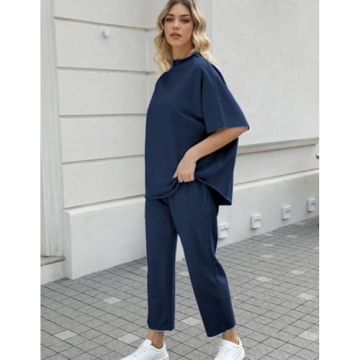 Ainangua Women Casual Two Piece Outfits 3/4 Batwing Sleeve Capelet CrewNeck Pullover Top Wide Leg Pants Lounge Sets Sweatsuit(Navy,L)
