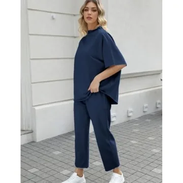 Ainangua Women Casual Two Piece Outfits 3/4 Batwing Sleeve Capelet CrewNeck Pullover Top Wide Leg Pants Lounge Sets Sweatsuit(Navy,L)
