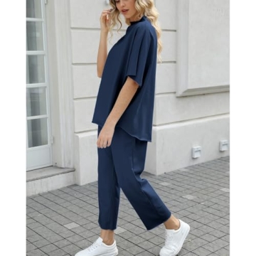 Ainangua Women Casual Two Piece Outfits 3/4 Batwing Sleeve Capelet CrewNeck Pullover Top Wide Leg Pants Lounge Sets Sweatsuit(Navy,L)