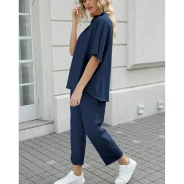 Ainangua Women Casual Two Piece Outfits 3/4 Batwing Sleeve Capelet CrewNeck Pullover Top Wide Leg Pants Lounge Sets Sweatsuit(Navy,L)