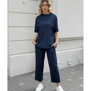 Ainangua Women Casual Two Piece Outfits 3/4 Batwing Sleeve Capelet CrewNeck Pullover Top Wide Leg Pants Lounge Sets Sweatsuit(Navy,L)