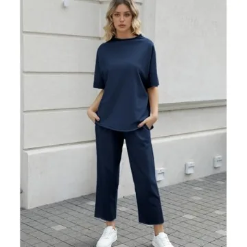 Ainangua Women Casual Two Piece Outfits 3/4 Batwing Sleeve Capelet CrewNeck Pullover Top Wide Leg Pants Lounge Sets Sweatsuit(Navy,L)