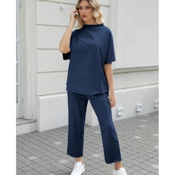 Ainangua Women Casual Two Piece Outfits 3/4 Batwing Sleeve Capelet CrewNeck Pullover Top Wide Leg Pants Lounge Sets Sweatsuit(Navy,L)