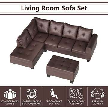 DKLGG Storage Ottoman, Modern PU Leather L-Shaped Couch Modular Sectional w/Cup Holder, Living Room Furniture Set for Apartment, Small Space, Right Hand Sofa, Dark Brown