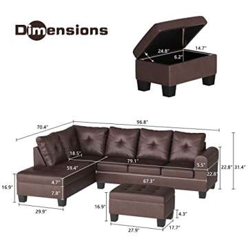 DKLGG Storage Ottoman, Modern PU Leather L-Shaped Couch Modular Sectional w/Cup Holder, Living Room Furniture Set for Apartment, Small Space, Right Hand Sofa, Dark Brown