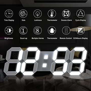KWYDYP 15'' 3D LED Wall Clock with Remote Control 12/24Hr Time/Date Temp Display Nightlight Alarm Di...