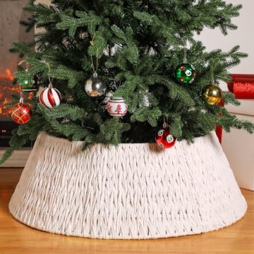 Preboun 28" Boho Christmas Tree Collar - Rustic White Skirt and Pet-Proof Design