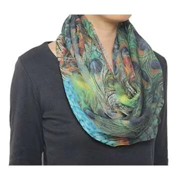 Dijkoo Seamaidmm Fashion Bird Peacock Feather Print Chiffon Infinity/Loop Scarf Green