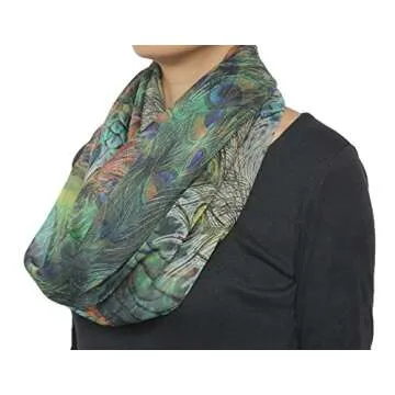 Dijkoo Seamaidmm Fashion Bird Peacock Feather Print Chiffon Infinity/Loop Scarf Green